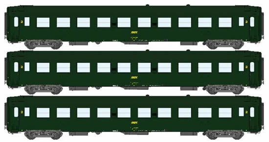 REE Modeles VB-066 - 3pc Passenger Coach Set UIC - Yellow Green Box Logo